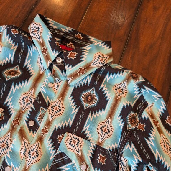 Rock & Roll Denim Shirt Mens Medium Blue Aztec Western Pearl Snap Modern Fit - Picture 4 of 8